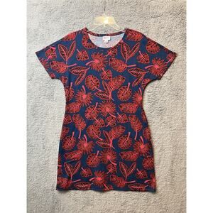LULAROE MARLY IN BLUE WITH RED LEAF PATTERN SIZE Small EUC